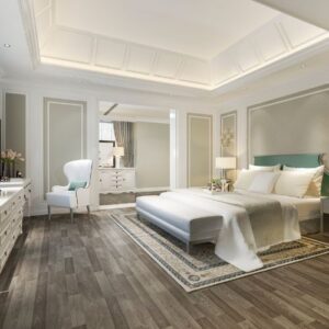 Bedroom with natural stone and wood elements