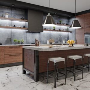 Modern kitchen with polished marble floor